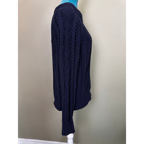LLBean Signature Women L Cable Knit Fisherman Sweater Navy Blue Cotton - Picture 2 of 15